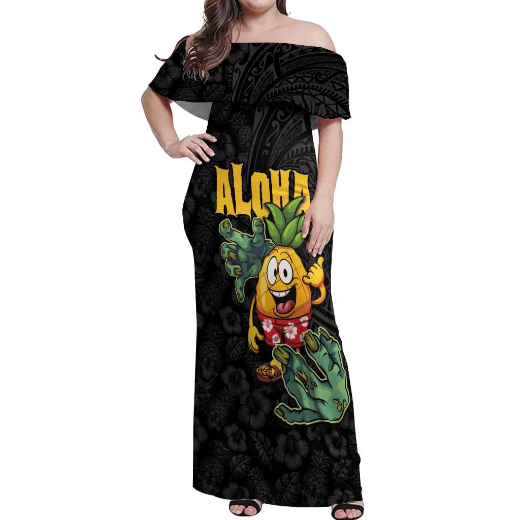 Hawaiian Halloween Off Shoulder Maxi Dress Aloha Pinapple with Mysterious Hands and Polynesian Tribal Tattoo LT03 Women Black - Polynesian Pride