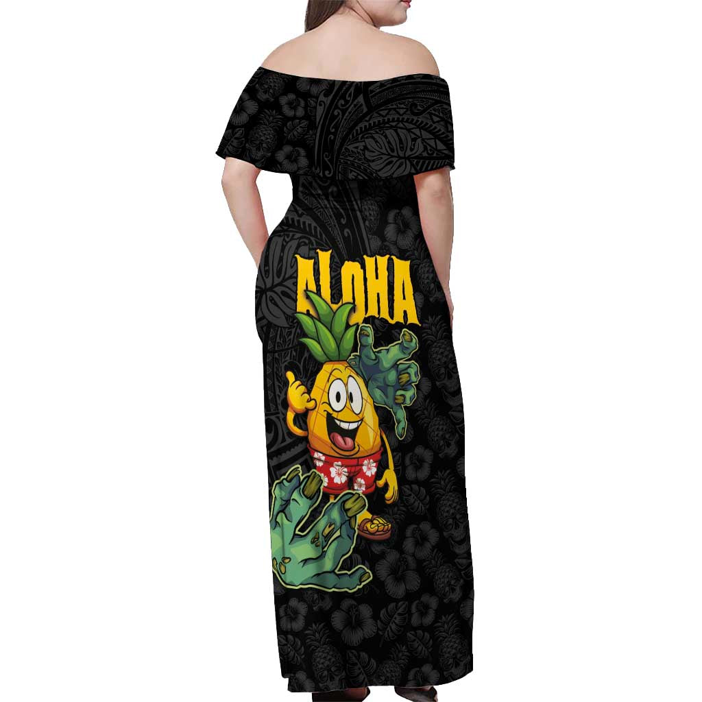 Hawaiian Halloween Off Shoulder Maxi Dress Aloha Pinapple with Mysterious Hands and Polynesian Tribal Tattoo LT03 - Polynesian Pride