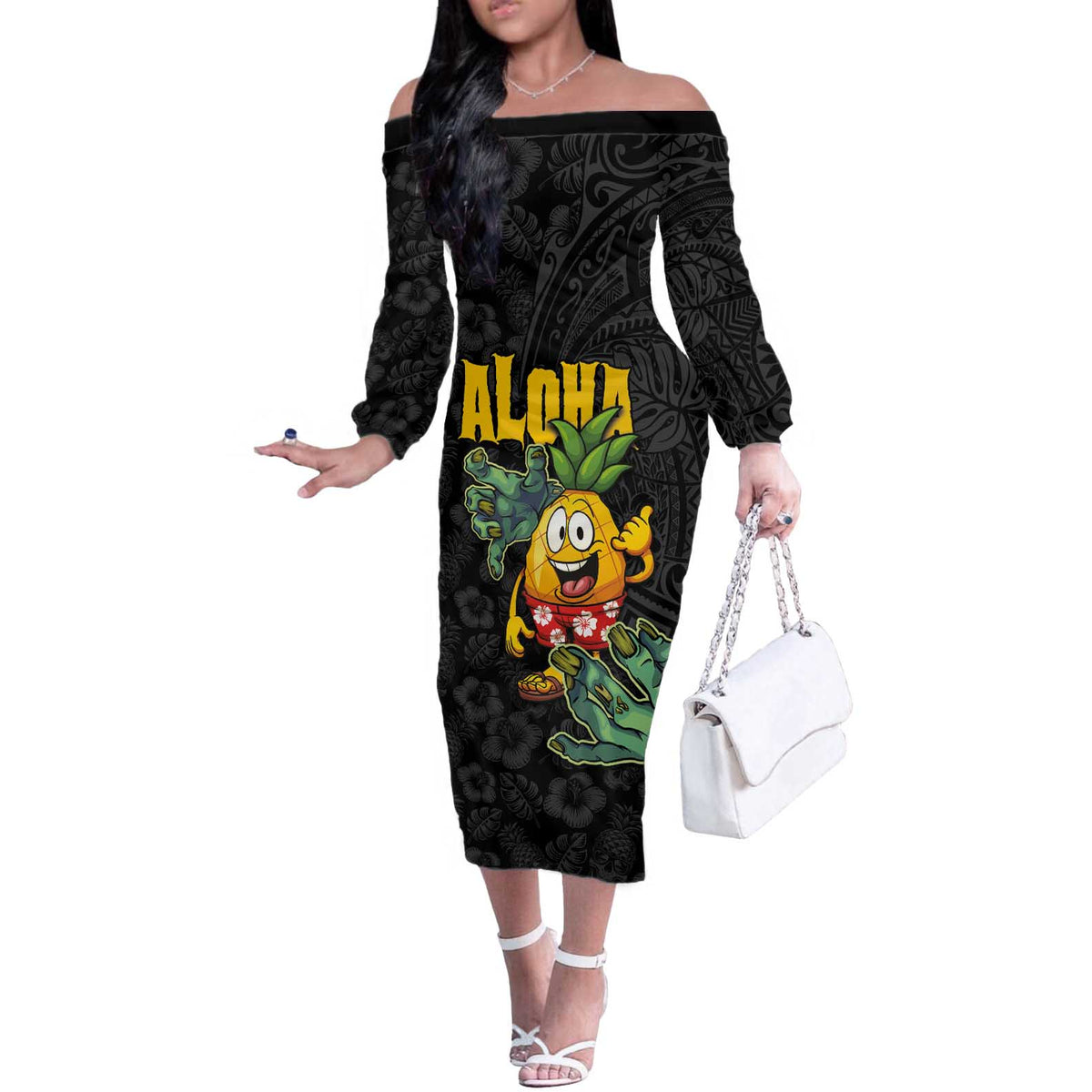 Hawaiian Halloween Off The Shoulder Long Sleeve Dress Aloha Pinapple with Mysterious Hands and Polynesian Tribal Tattoo LT03 Women Black - Polynesian Pride