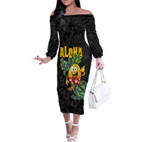 Hawaiian Halloween Off The Shoulder Long Sleeve Dress Aloha Pinapple with Mysterious Hands and Polynesian Tribal Tattoo LT03 Women Black - Polynesian Pride