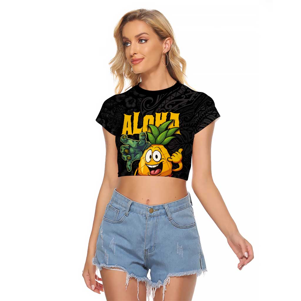 Hawaiian Halloween Raglan Cropped T Shirt Aloha Pinapple with Mysterious Hands and Polynesian Tribal Tattoo LT03 Female Black - Polynesian Pride
