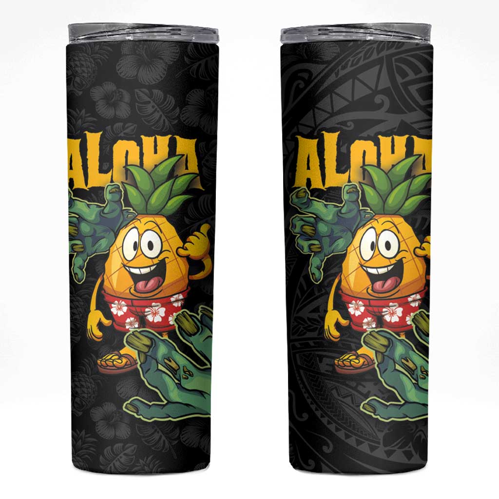 Hawaiian Halloween Skinny Tumbler Aloha Pinapple with Mysterious Hands and Polynesian Tribal Tattoo LT03 Black - Polynesian Pride