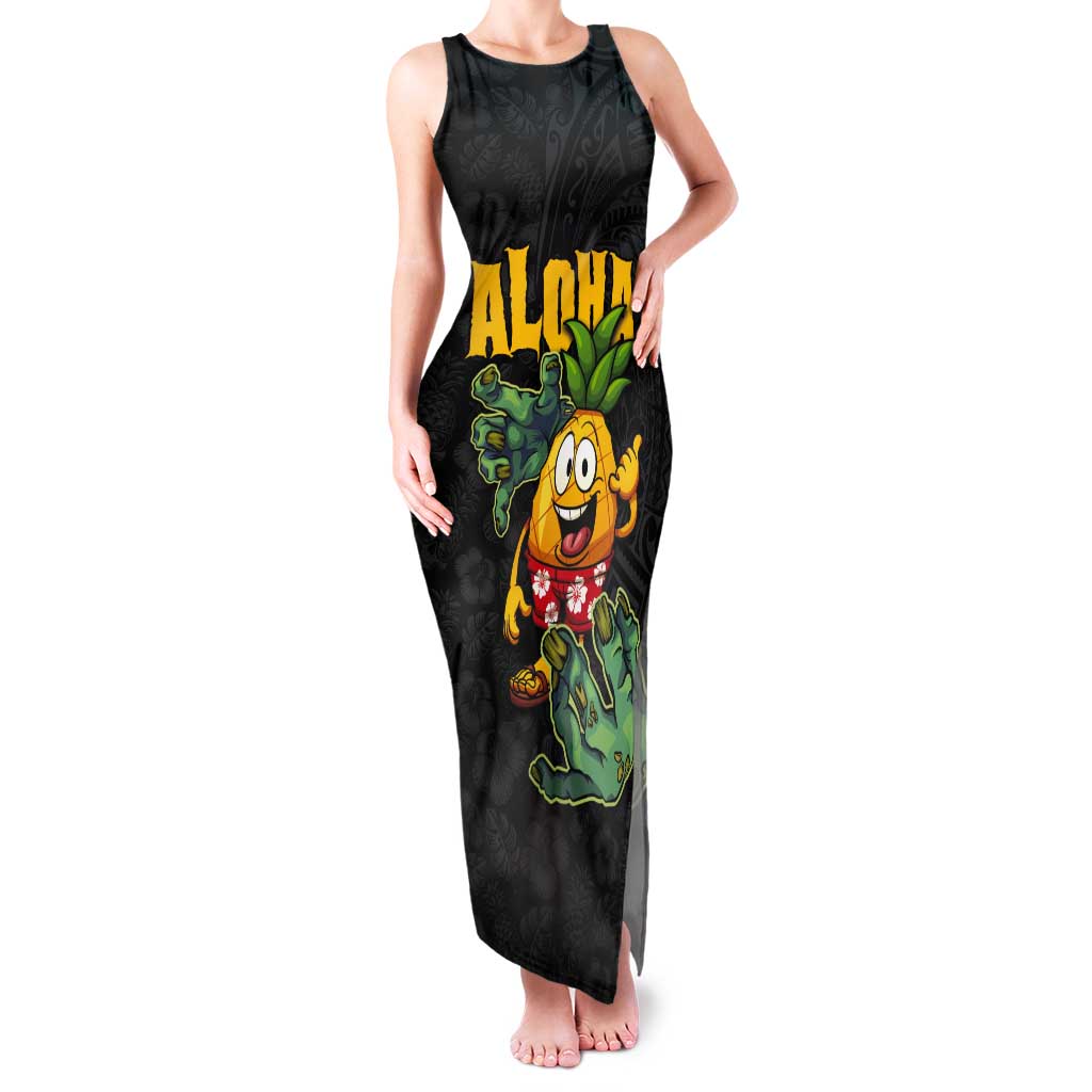 Hawaiian Halloween Tank Maxi Dress Aloha Pinapple with Mysterious Hands and Polynesian Tribal Tattoo LT03 Women Black - Polynesian Pride