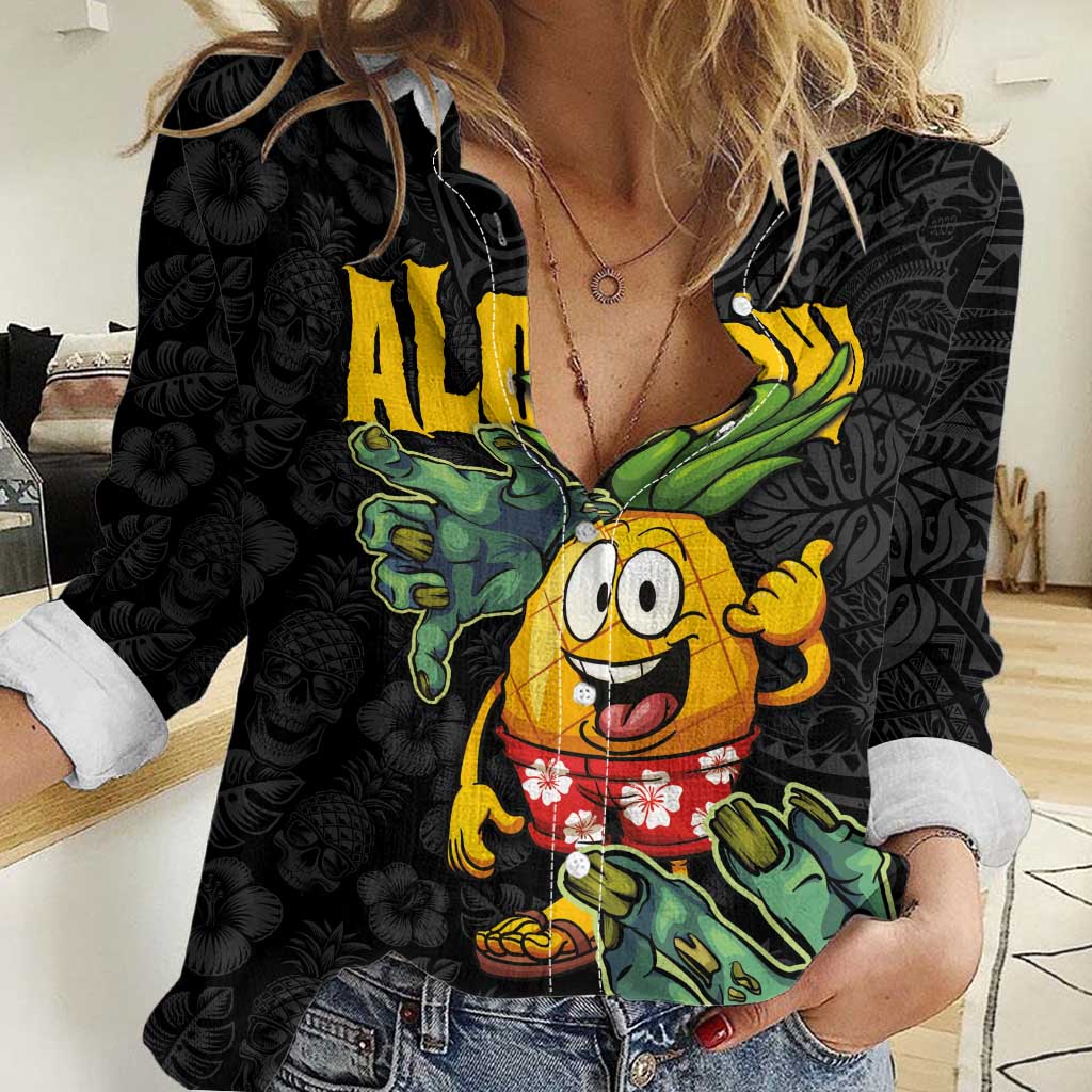 Hawaiian Halloween Women Casual Shirt Aloha Pinapple with Mysterious Hands and Polynesian Tribal Tattoo LT03 Female Black - Polynesian Pride