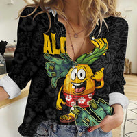 Hawaiian Halloween Women Casual Shirt Aloha Pinapple with Mysterious Hands and Polynesian Tribal Tattoo LT03 Female Black - Polynesian Pride