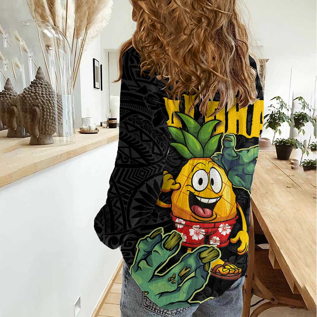 Hawaiian Halloween Women Casual Shirt Aloha Pinapple with Mysterious Hands and Polynesian Tribal Tattoo LT03 - Polynesian Pride