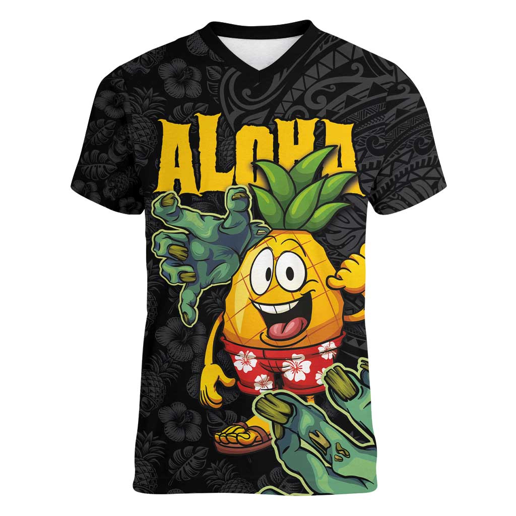 Hawaiian Halloween Women V-Neck T-Shirt Aloha Pinapple with Mysterious Hands and Polynesian Tribal Tattoo LT03 Female Black - Polynesian Pride