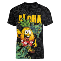Hawaiian Halloween Women V-Neck T-Shirt Aloha Pinapple with Mysterious Hands and Polynesian Tribal Tattoo LT03 - Polynesian Pride