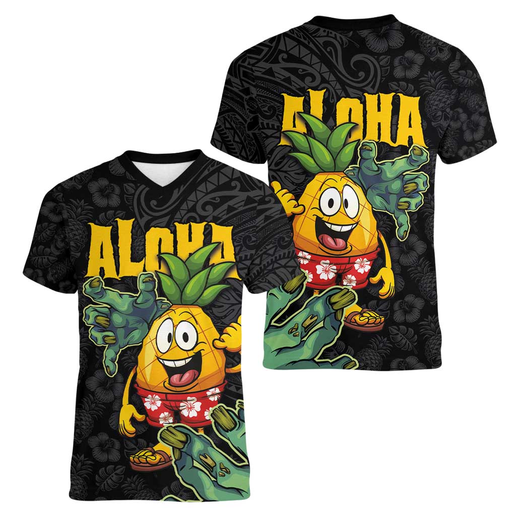 Hawaiian Halloween Women V-Neck T-Shirt Aloha Pinapple with Mysterious Hands and Polynesian Tribal Tattoo LT03 - Polynesian Pride