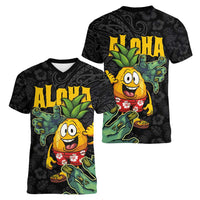 Hawaiian Halloween Women V-Neck T-Shirt Aloha Pinapple with Mysterious Hands and Polynesian Tribal Tattoo LT03 - Polynesian Pride