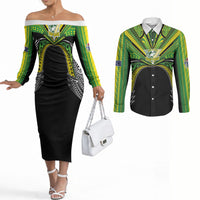 Cook Islands Rugby League Custom Couples Matching Off The Shoulder Long Sleeve Dress and Long Sleeve Button Shirt Polynesian and Tatau Tribal Art - Black Color LT03 Black - Polynesian Pride