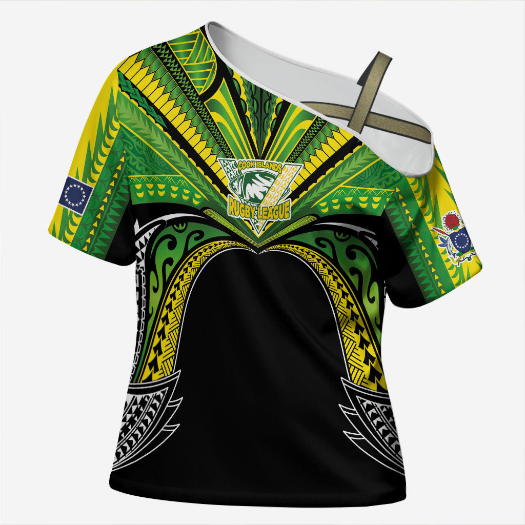 Cook Islands Rugby League Custom Cross Shoulder Shirt Polynesian and Tatau Tribal Art - Black Color LT03 Female Black - Polynesian Pride