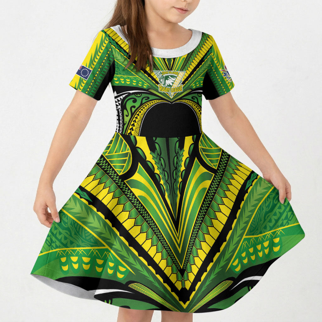 Cook Islands Rugby League Custom Kid Short Sleeve Dress Polynesian and Tatau Tribal Art - Black Color
