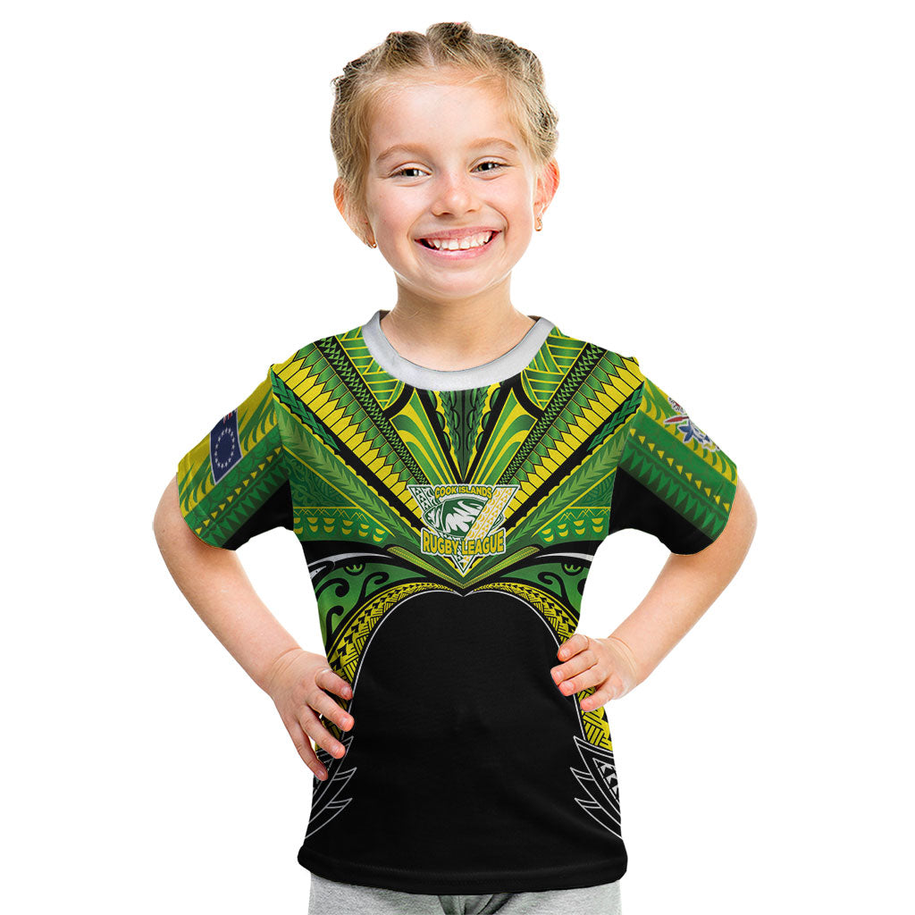 Cook Islands Rugby League Custom Kid T Shirt Polynesian and Tatau Tribal Art - Black Color