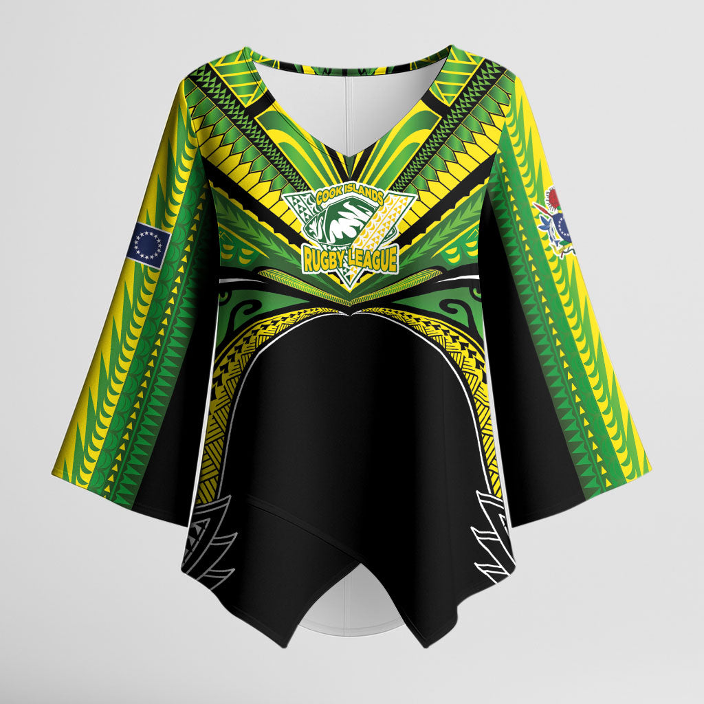 Cook Islands Rugby League Custom Kimono Sleeve Blouse Polynesian and Tatau Tribal Art - Black Color LT03 Female Black - Polynesian Pride