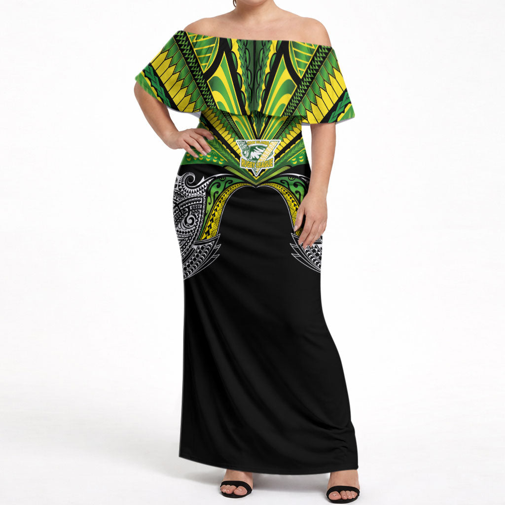 Cook Islands Rugby League Custom Off Shoulder Maxi Dress Polynesian and Tatau Tribal Art - Black Color