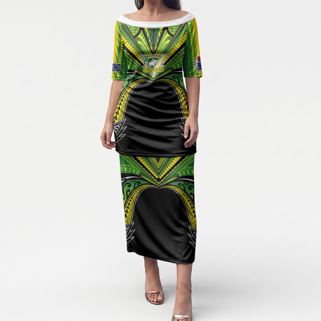 Cook Islands Rugby League Custom Puletasi Polynesian and Tatau Tribal Art - Black Color LT03 Long Dress Black - Polynesian Pride