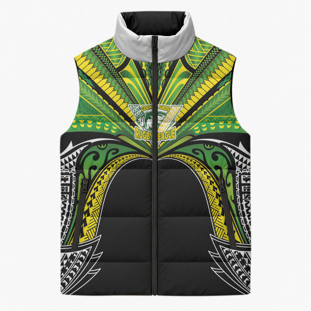 Cook Islands Rugby League Custom Sleeveless Puffer Jacket Polynesian and Tatau Tribal Art - Black Color LT03 Unisex Black - Polynesian Pride