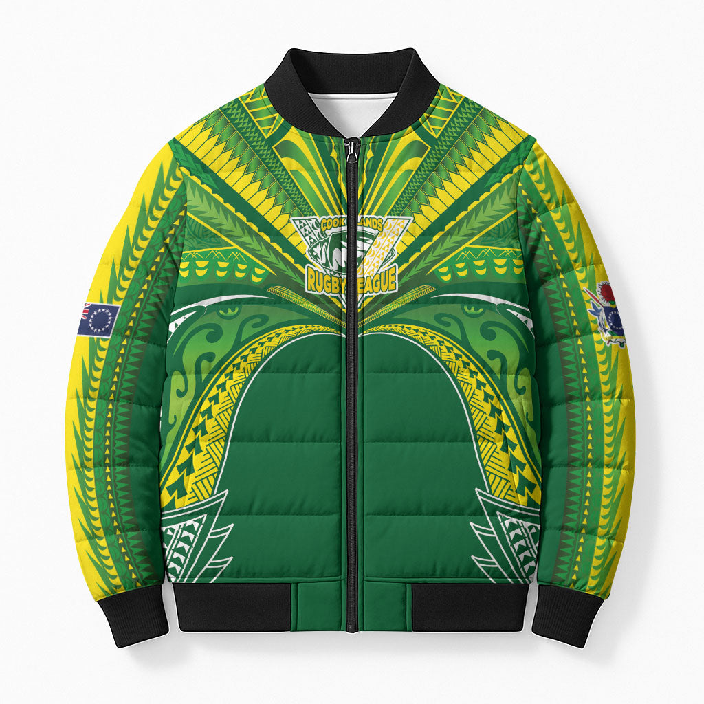 Cook Islands Rugby League Custom Bomber Puffer Jacket Polynesian and Tatau Tribal Art - Green Color LT03 Unisex Green - Polynesian Pride