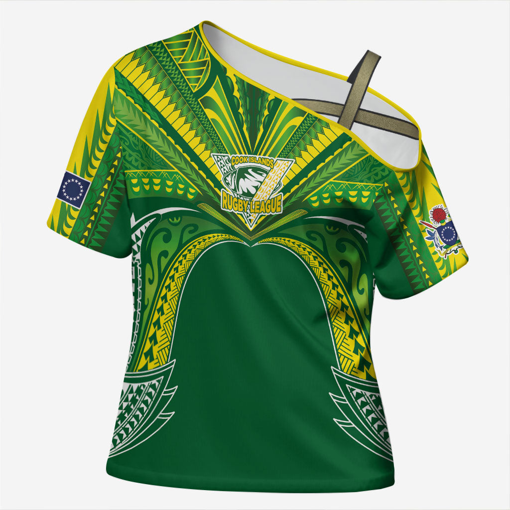 Cook Islands Rugby League Custom Cross Shoulder Shirt Polynesian and Tatau Tribal Art - Green Color LT03 Female Green - Polynesian Pride