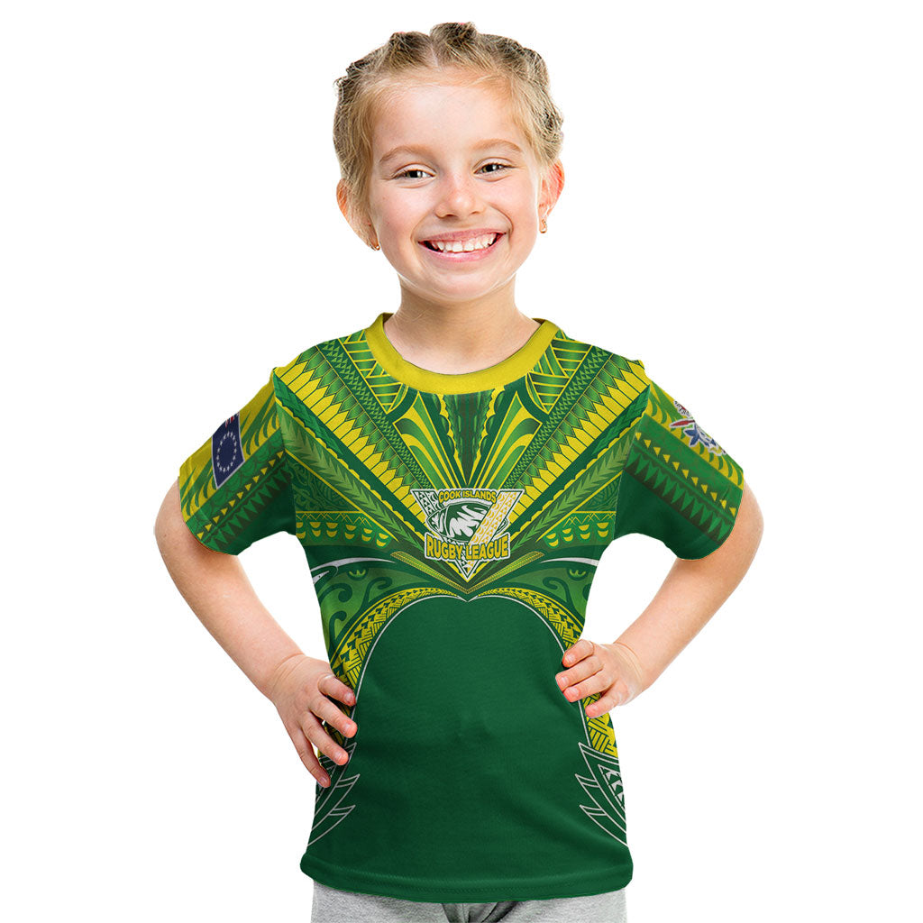 Cook Islands Rugby League Custom Kid T Shirt Polynesian and Tatau Tribal Art - Green Color LT03 Green - Polynesian Pride