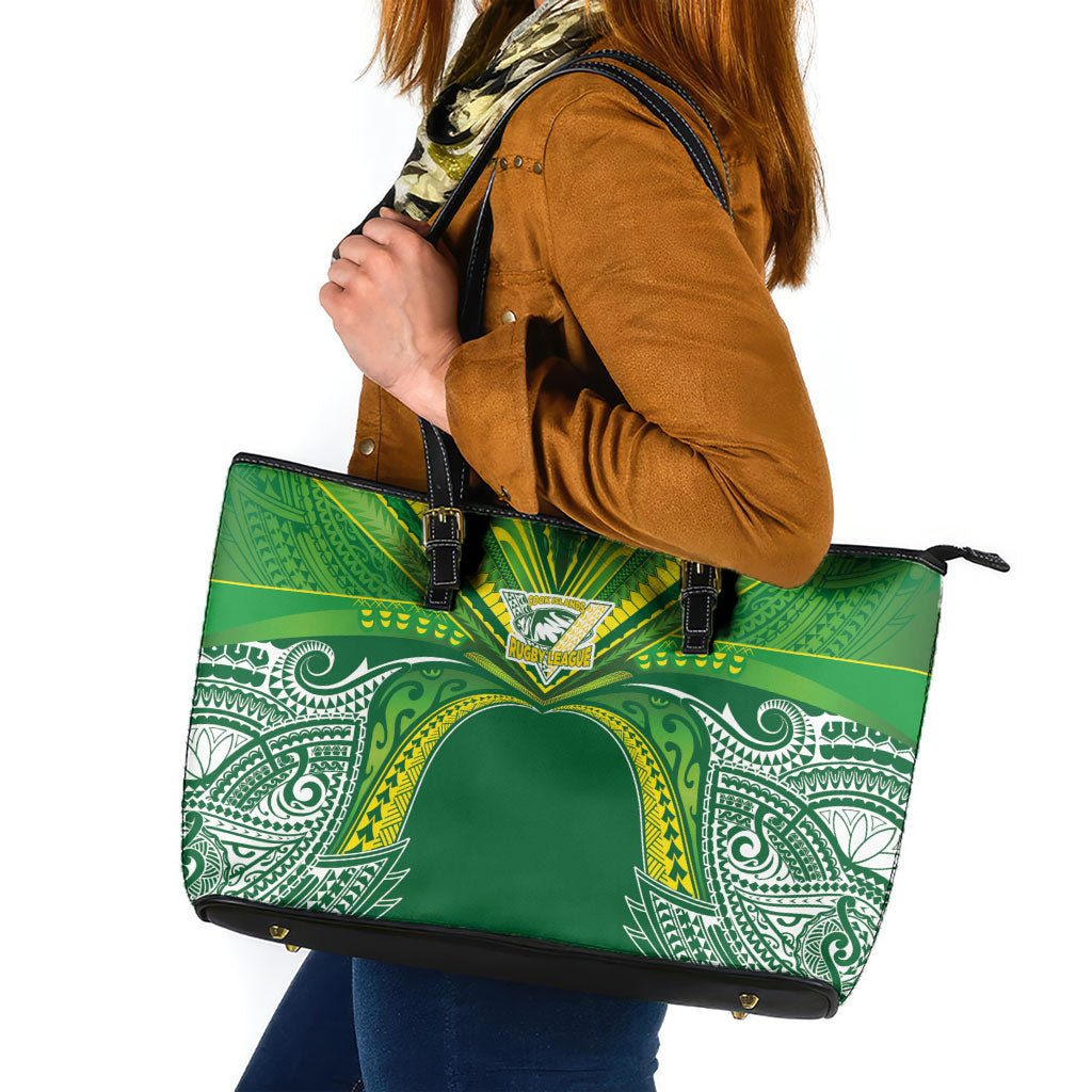 Cook Islands Rugby League Leather Tote Bag Polynesian and Tatau Tribal Art - Green Color