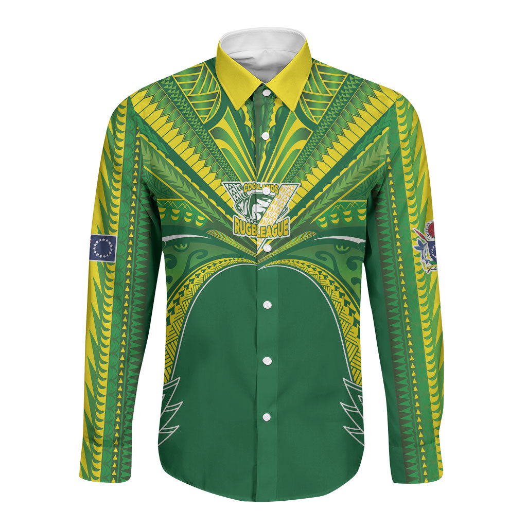 Cook Islands Rugby League Custom Long Sleeve Button Shirt Polynesian and Tatau Tribal Art - Green Color LT03 Unisex Green - Polynesian Pride