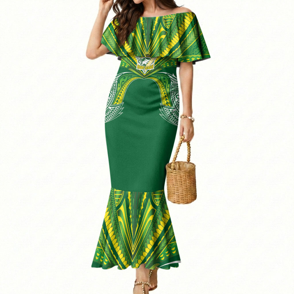 Cook Islands Rugby League Custom Mermaid Dress Polynesian and Tatau Tribal Art - Green Color LT03 Women Green - Polynesian Pride