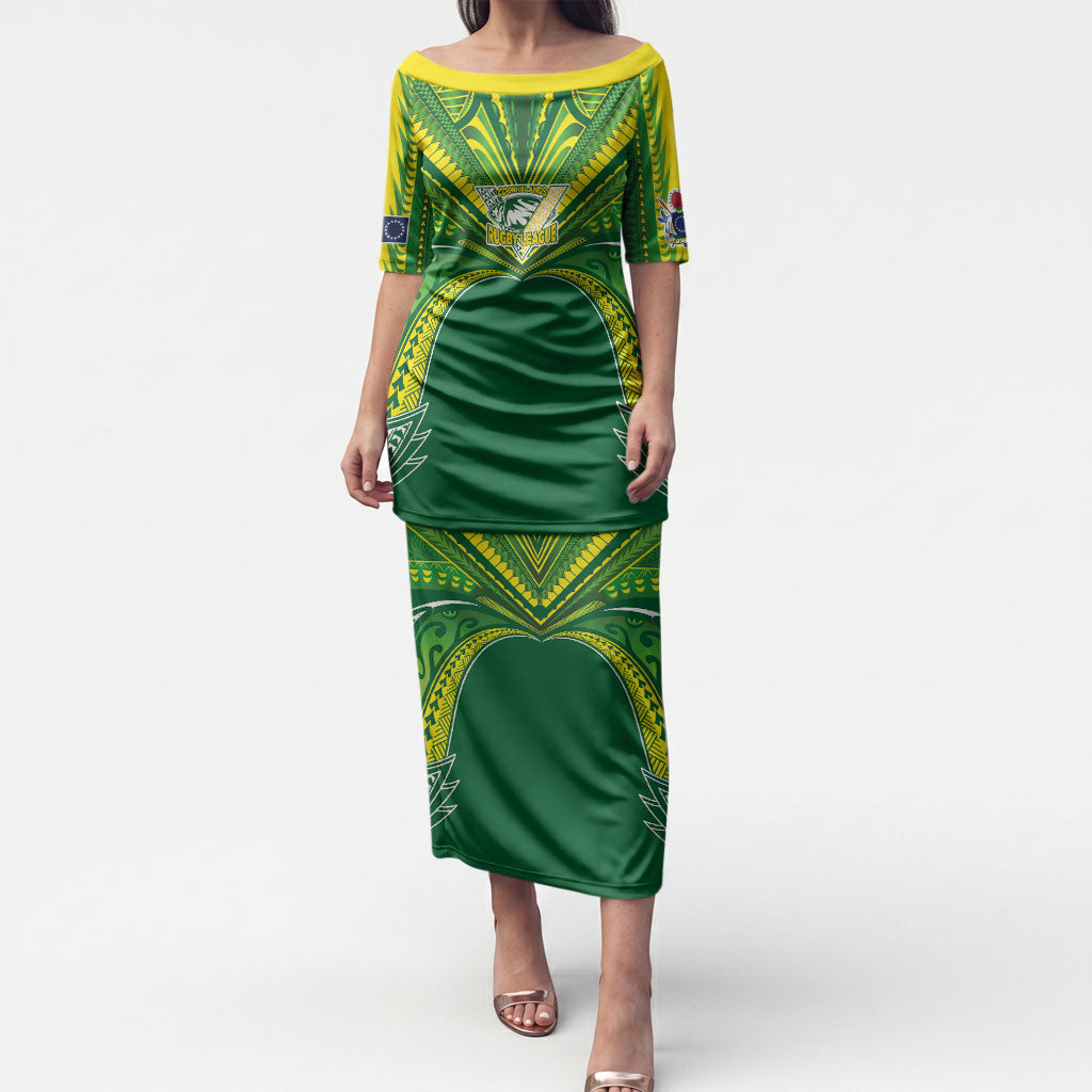Cook Islands Rugby League Custom Puletasi Polynesian and Tatau Tribal Art - Green Color LT03 Long Dress Green - Polynesian Pride