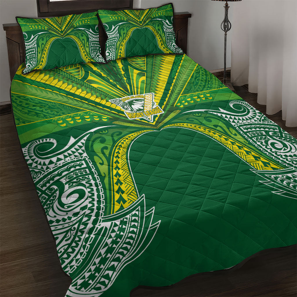 Cook Islands Rugby League Quilt Bed Set Polynesian and Tatau Tribal Art - Green Color