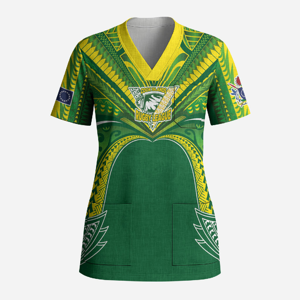 Cook Islands Rugby League Custom Scrub Top Polynesian and Tatau Tribal Art - Green Color LT03 Adult Green - Polynesian Pride