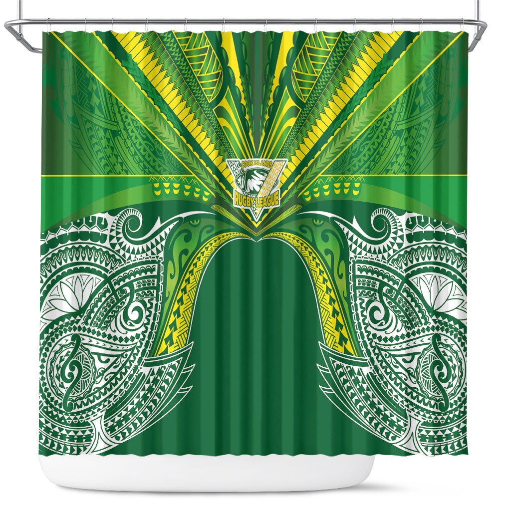 Cook Islands Rugby League Shower Curtain Polynesian and Tatau Tribal Art - Green Color