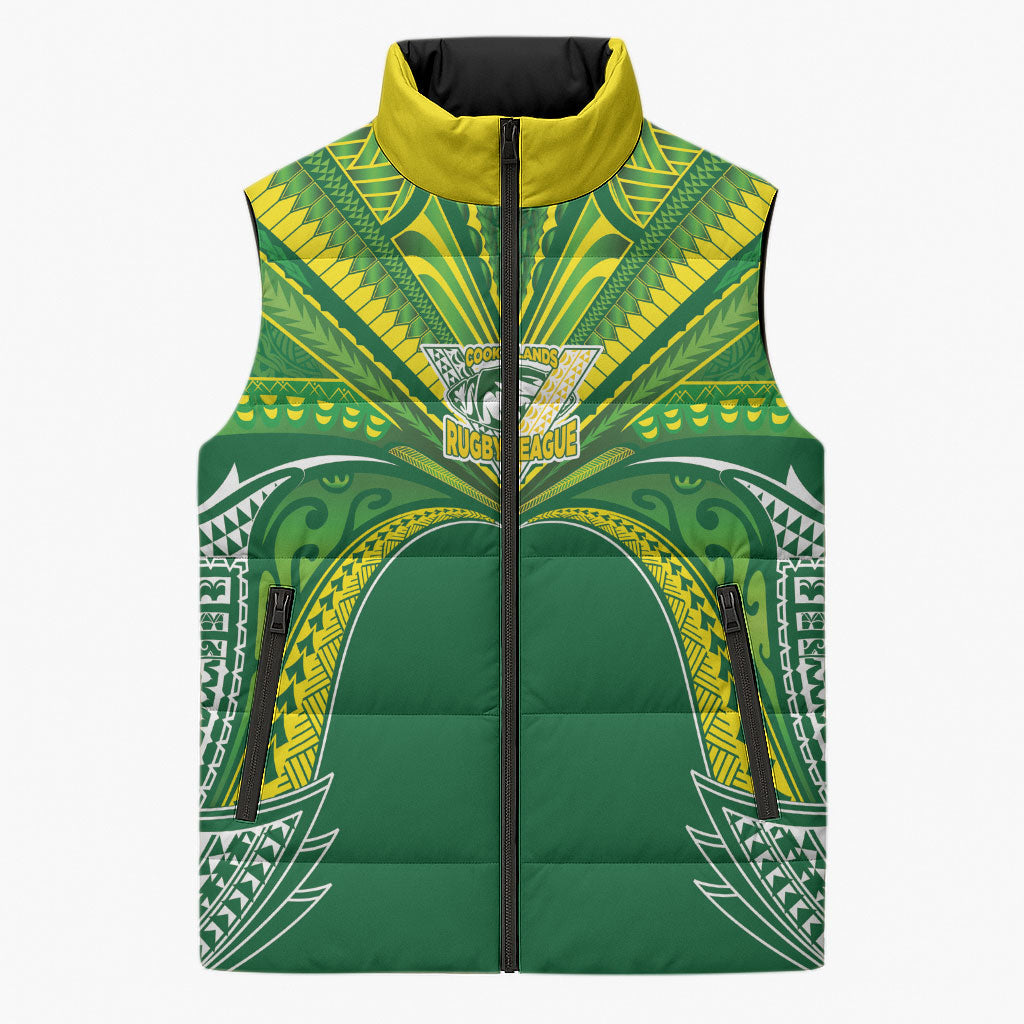 Cook Islands Rugby League Custom Sleeveless Puffer Jacket Polynesian and Tatau Tribal Art - Green Color LT03 Unisex Green - Polynesian Pride