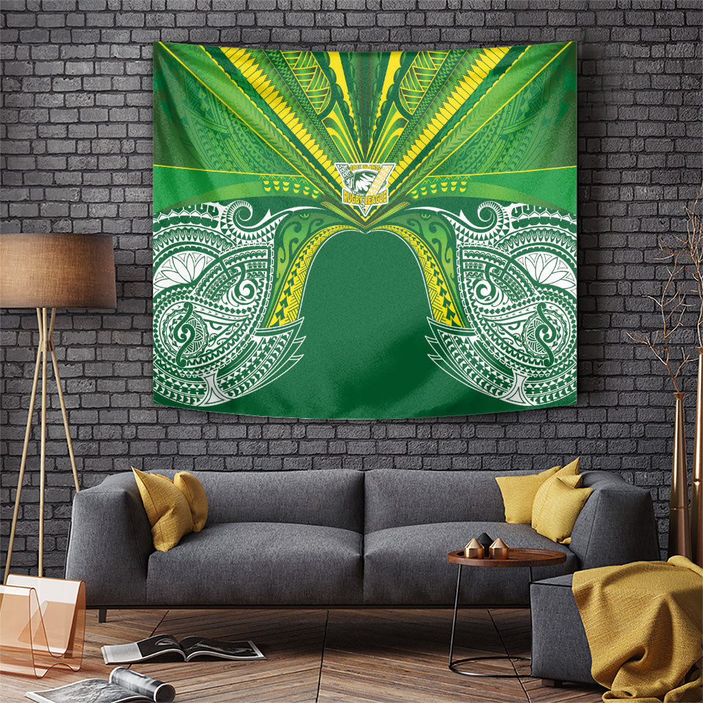 Cook Islands Rugby League Tapestry Polynesian and Tatau Tribal Art - Green Color
