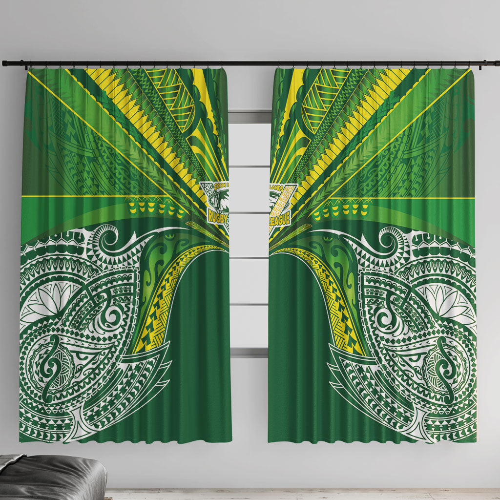 Cook Islands Rugby League Window Curtain Polynesian and Tatau Tribal Art - Green Color LT03 With Hooks Green - Polynesian Pride