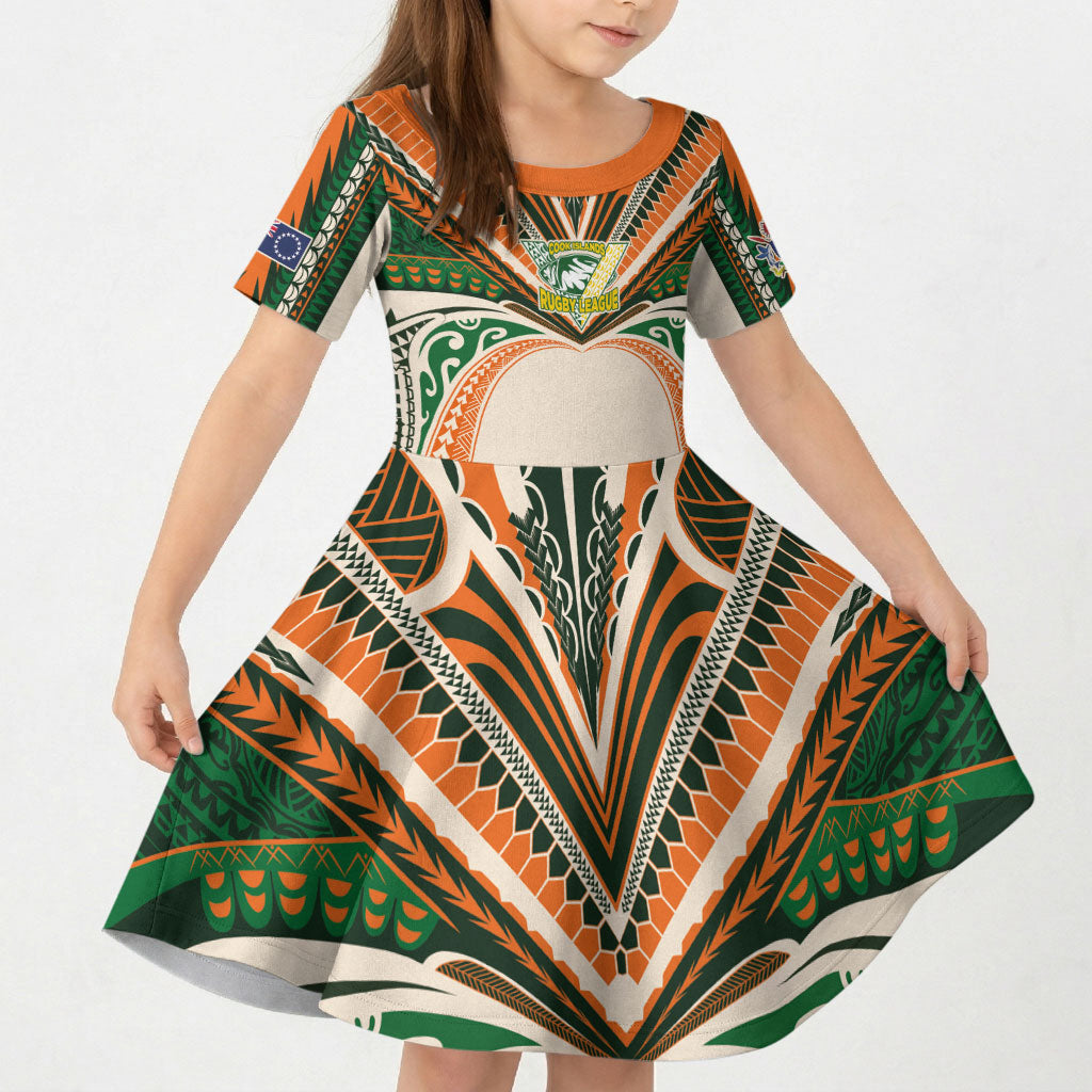 Cook Islands Rugby League Custom Kid Short Sleeve Dress Polynesian and Tatau Tribal Art - Retro Palette
