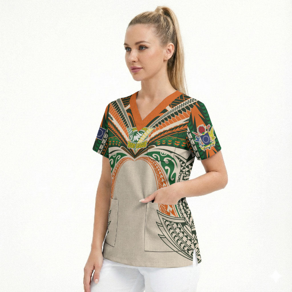 Cook Islands Rugby League Custom Scrub Top Polynesian and Tatau Tribal Art - Retro Palette LT03 - Polynesian Pride
