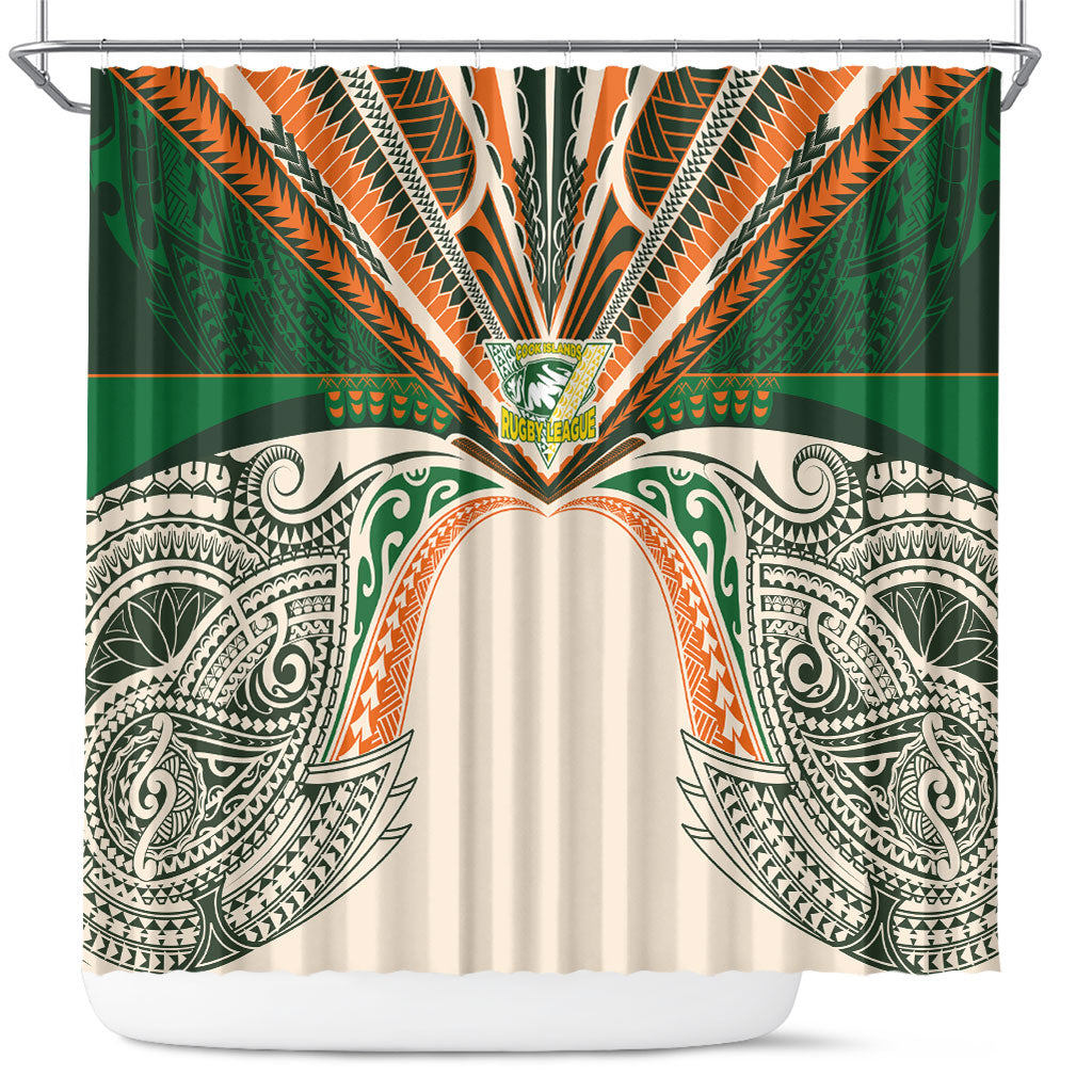 Cook Islands Rugby League Shower Curtain Polynesian and Tatau Tribal Art - Retro Palette