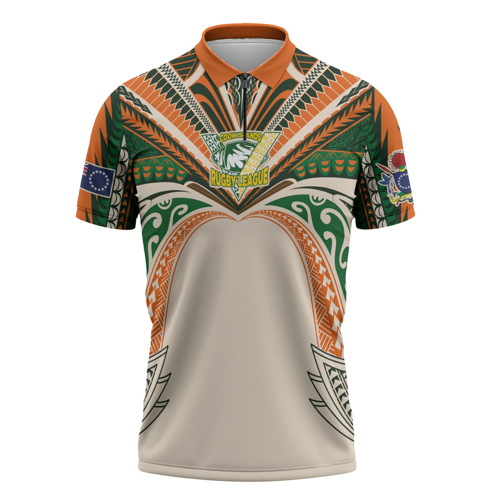 Cook Islands Rugby League Custom Zipper Polo Shirt Polynesian and Tatau Tribal Art - Retro Palette