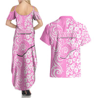 Hawaii Kauai Island Couples Matching Summer Maxi Dress and Hawaiian Shirt Hibiscus Pattern Seamless Tribal Simple Pink LT03 - Polynesian Pride