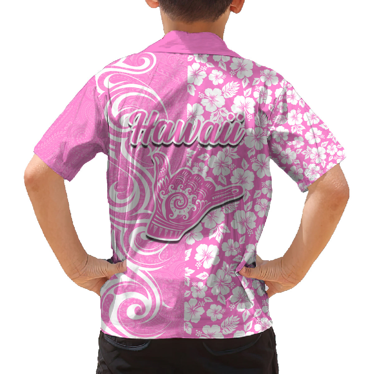 Hawaii Kauai Island Family Matching Off Shoulder Long Sleeve Dress and Hawaiian Shirt Hibiscus Pattern Seamless Tribal Simple Pink LT03 - Polynesian Pride