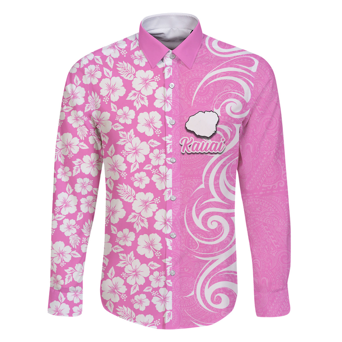 Hawaii Kauai Island Family Matching Off Shoulder Maxi Dress and Hawaiian Shirt Hibiscus Pattern Seamless Tribal Simple Pink LT03 Dad's Shirt - Long Sleeve Pink - Polynesian Pride