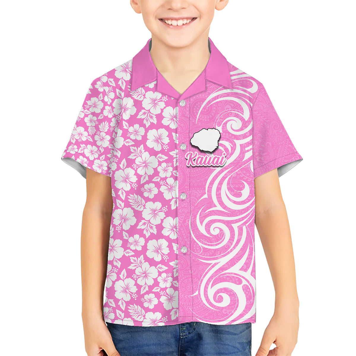 Hawaii Kauai Island Kid Hawaiian Shirt Hibiscus Pattern Seamless Tribal Simple Pink LT03 Kid Pink - Polynesian Pride