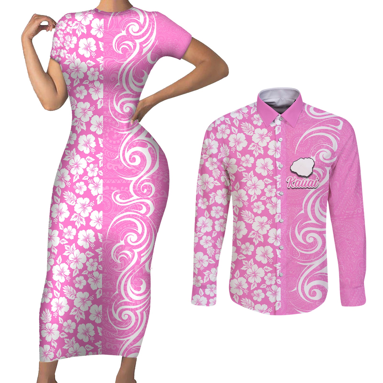 Custom Hawaii Kauai Island Couples Matching Short Sleeve Bodycon Dress and Long Sleeve Button Shirts Hibiscus Pattern Seamless Tribal Simple Pink LT03 Pink - Polynesian Pride