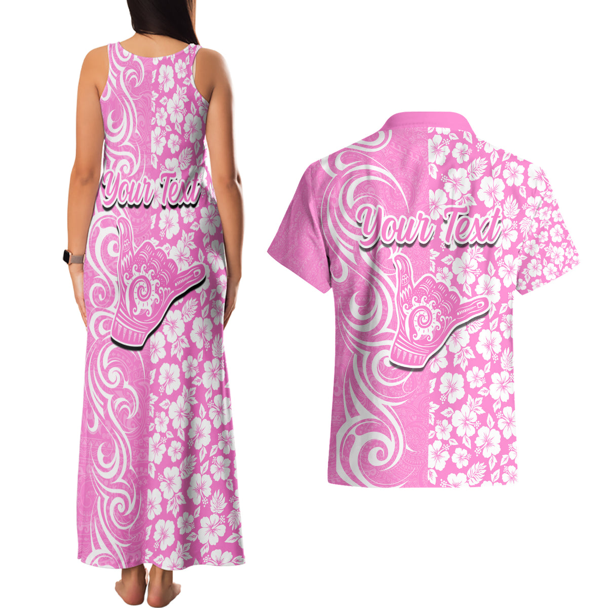 Custom Hawaii Kauai Island Couples Matching Tank Maxi Dress and Hawaiian Shirt Hibiscus Pattern Seamless Tribal Simple Pink LT03 - Polynesian Pride