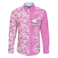 Custom Hawaii Kauai Island Family Matching Off Shoulder Long Sleeve Dress and Hawaiian Shirt Hibiscus Pattern Seamless Tribal Simple Pink LT03 Dad's Shirt - Long Sleeve Pink - Polynesian Pride