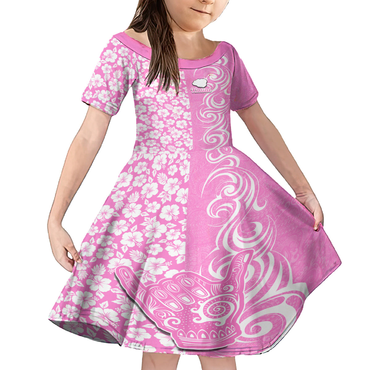 Custom Hawaii Kauai Island Family Matching Off Shoulder Maxi Dress and Hawaiian Shirt Hibiscus Pattern Seamless Tribal Simple Pink LT03 Daughter's Dress Pink - Polynesian Pride