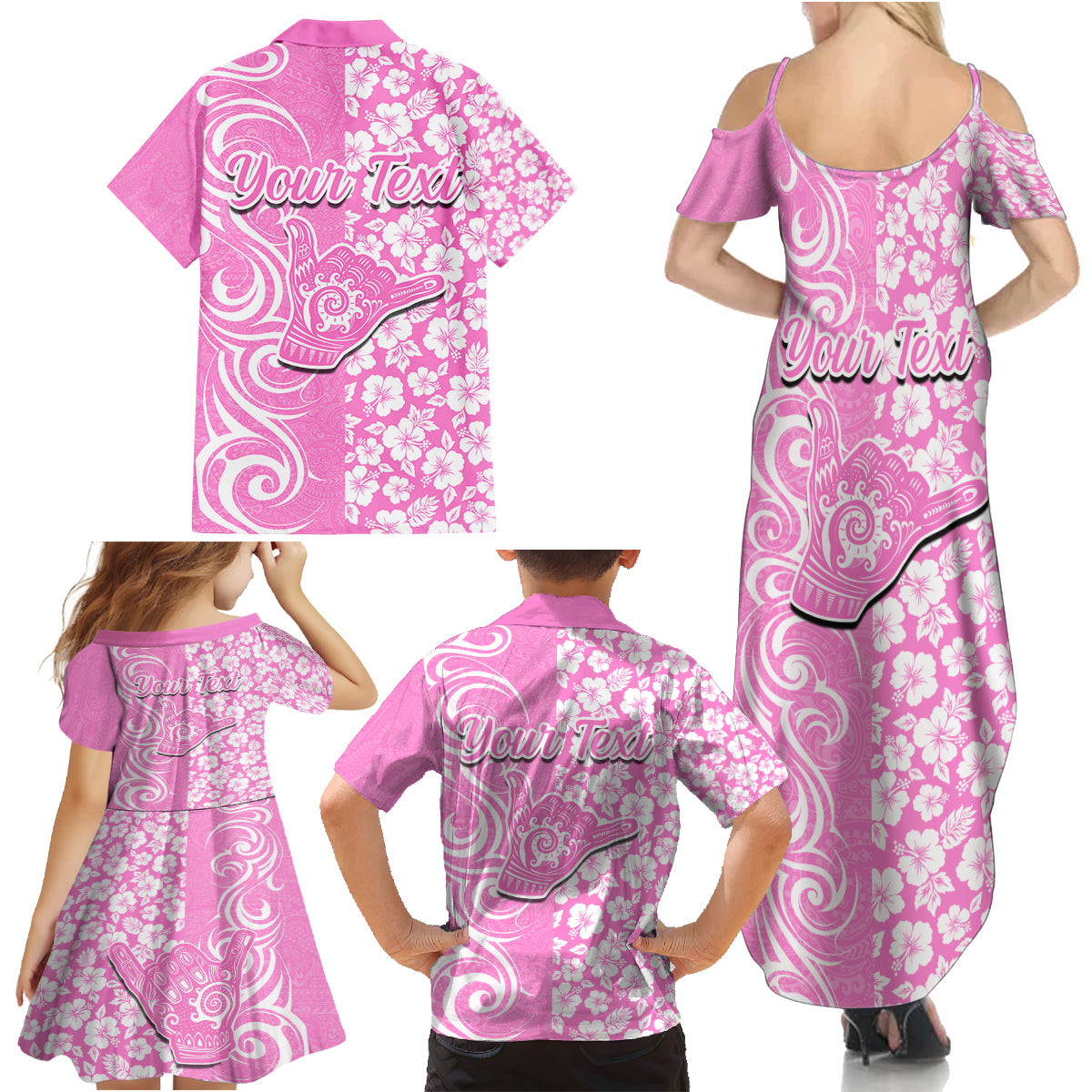 Custom Hawaii Kauai Island Family Matching Summer Maxi Dress and Hawaiian Shirt Hibiscus Pattern Seamless Tribal Simple Pink LT03 - Polynesian Pride