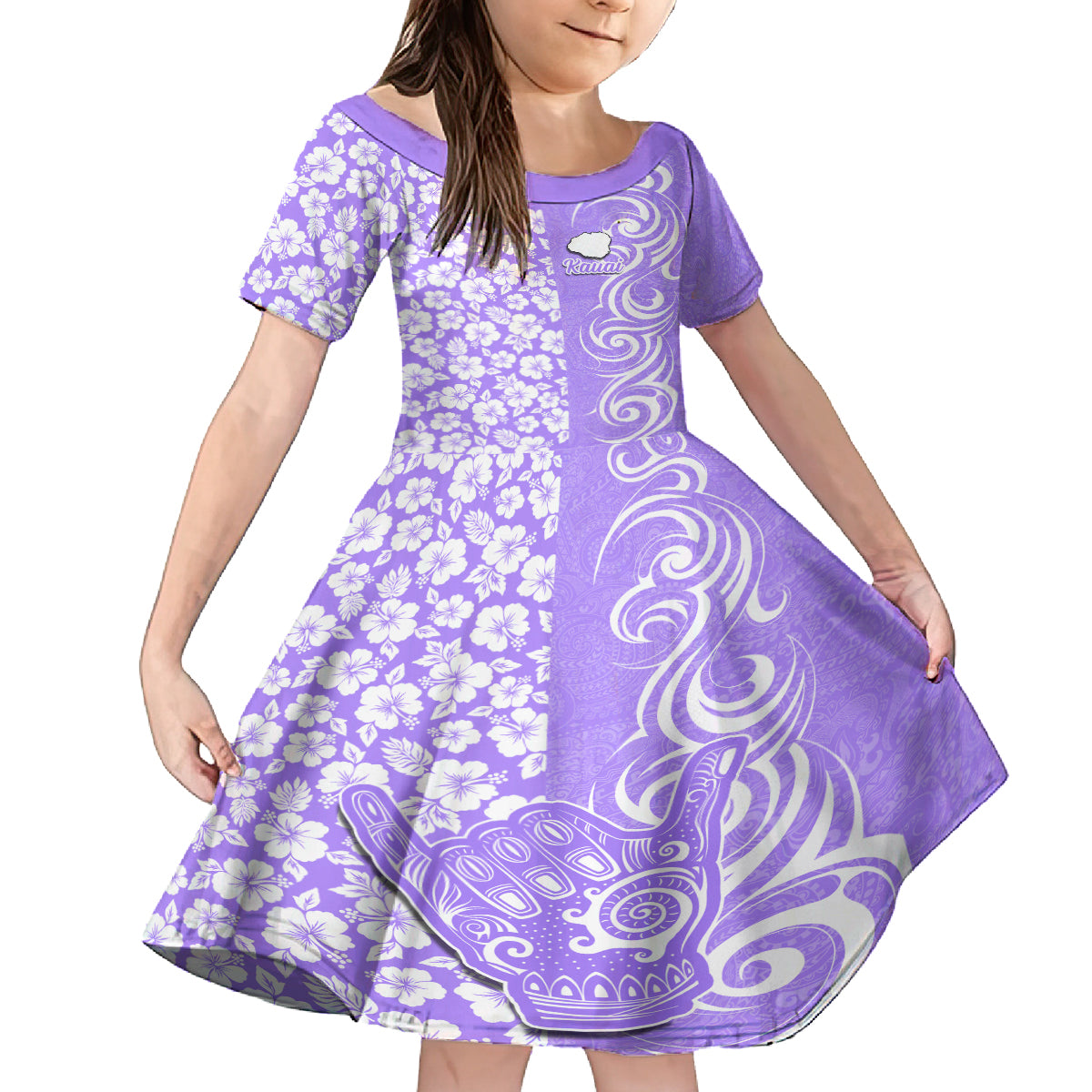 Hawaii Kauai Island Kid Short Sleeve Dress Hibiscus Pattern Seamless Tribal Simple Purple LT03 KID Purple - Polynesian Pride