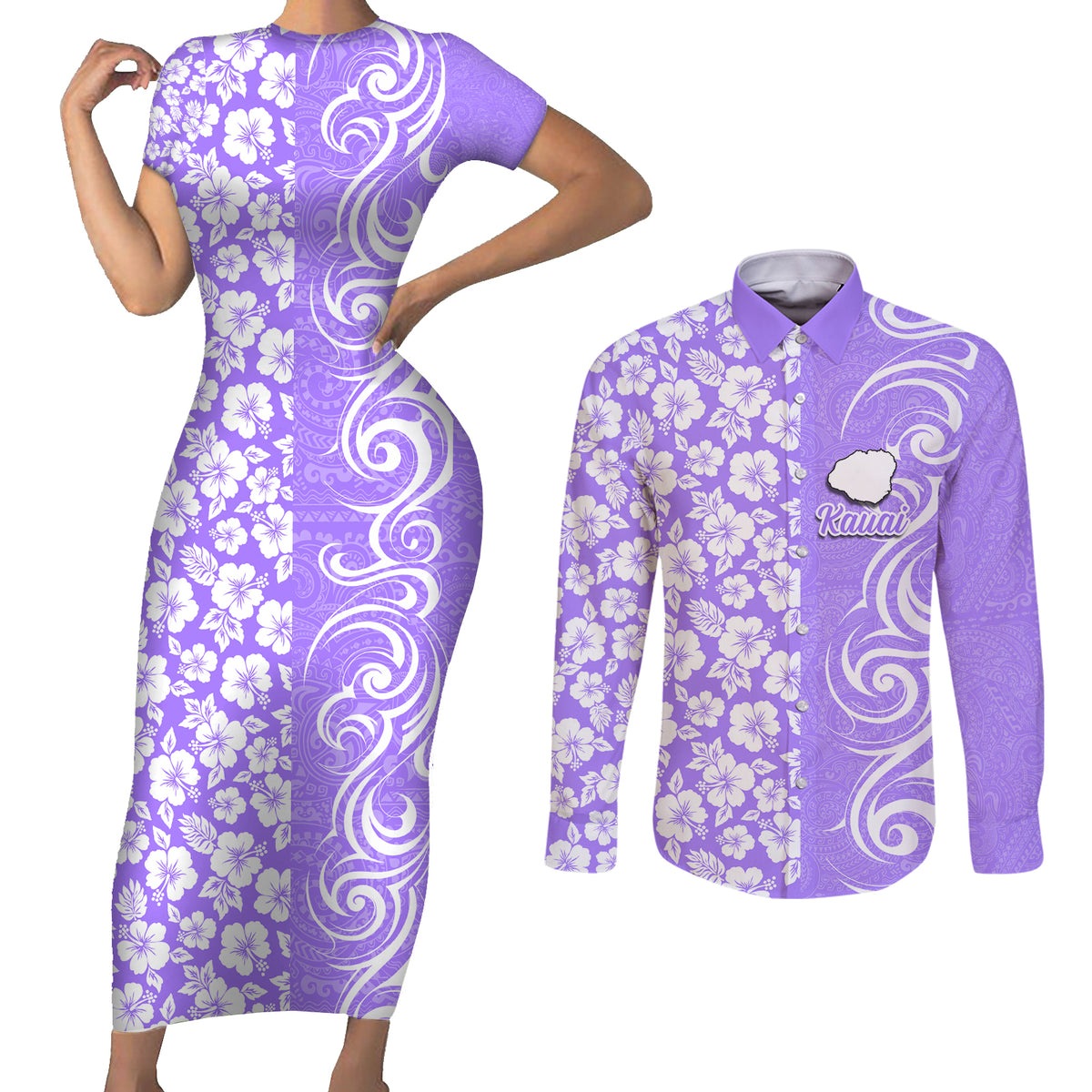 Custom Hawaii Kauai Island Couples Matching Short Sleeve Bodycon Dress and Long Sleeve Button Shirts Hibiscus Pattern Seamless Tribal Simple Purple LT03 Purple - Polynesian Pride